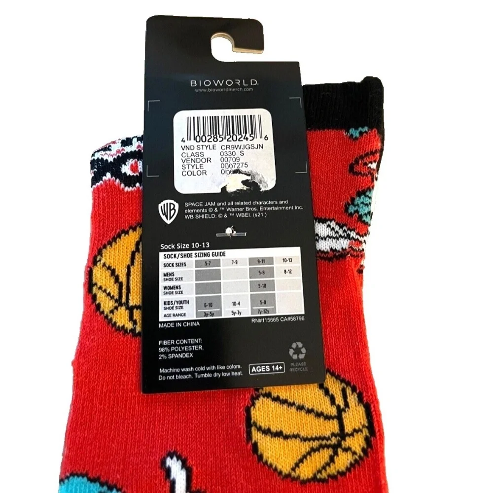 Bioworld Space‎ Jam Unisex Crew Socks; Red; Men's Size 8-12; NWT